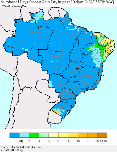 Brazil Number of Days Since a Rain Day in past 30 days (USAF 557th WW) Thematic Map For 12/16/2022 - 12/20/2022