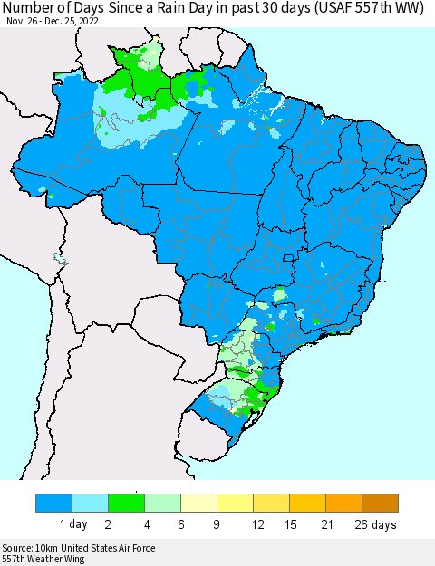 Brazil Number of Days Since a Rain Day in past 30 days (USAF 557th WW) Thematic Map For 12/21/2022 - 12/25/2022