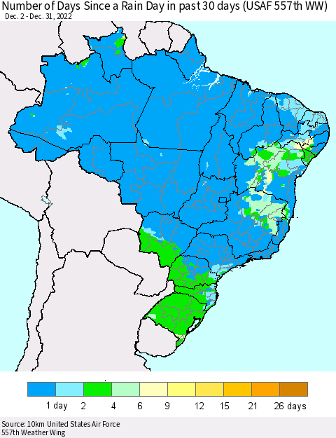 Brazil Number of Days Since a Rain Day in past 30 days (USAF 557th WW) Thematic Map For 12/26/2022 - 12/31/2022