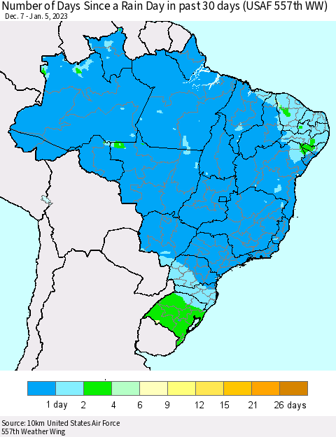 Brazil Number of Days Since a Rain Day in past 30 days (USAF 557th WW) Thematic Map For 1/1/2023 - 1/5/2023