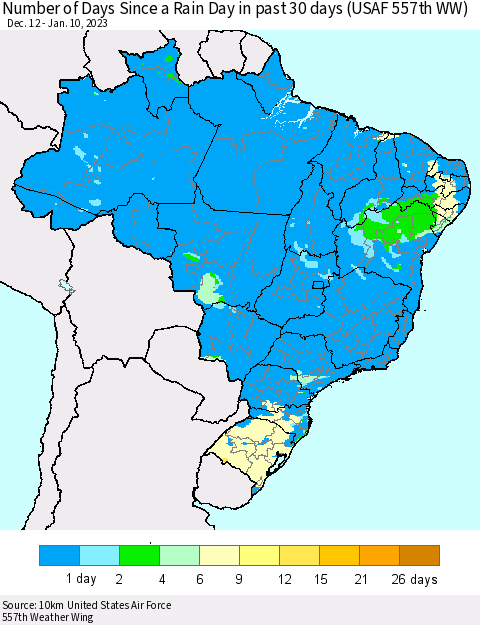 Brazil Number of Days Since a Rain Day in past 30 days (USAF 557th WW) Thematic Map For 1/6/2023 - 1/10/2023