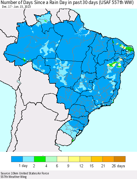 Brazil Number of Days Since a Rain Day in past 30 days (USAF 557th WW) Thematic Map For 1/11/2023 - 1/15/2023