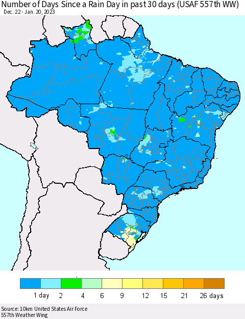 Brazil Number of Days Since a Rain Day in past 30 days (USAF 557th WW) Thematic Map For 1/16/2023 - 1/20/2023