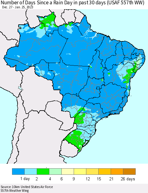 Brazil Number of Days Since a Rain Day in past 30 days (USAF 557th WW) Thematic Map For 1/21/2023 - 1/25/2023