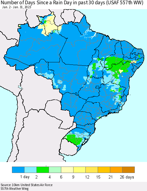 Brazil Number of Days Since a Rain Day in past 30 days (USAF 557th WW) Thematic Map For 1/26/2023 - 1/31/2023