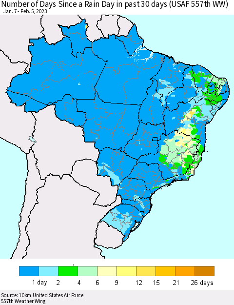 Brazil Number of Days Since a Rain Day in past 30 days (USAF 557th WW) Thematic Map For 2/1/2023 - 2/5/2023