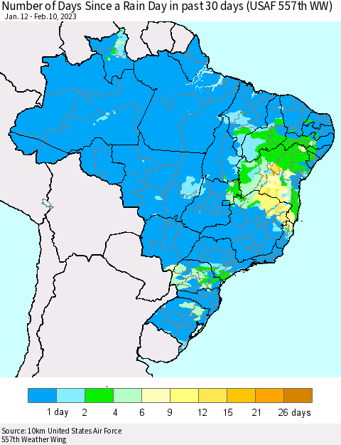 Brazil Number of Days Since a Rain Day in past 30 days (USAF 557th WW) Thematic Map For 2/6/2023 - 2/10/2023