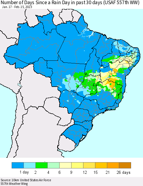 Brazil Number of Days Since a Rain Day in past 30 days (USAF 557th WW) Thematic Map For 2/11/2023 - 2/15/2023