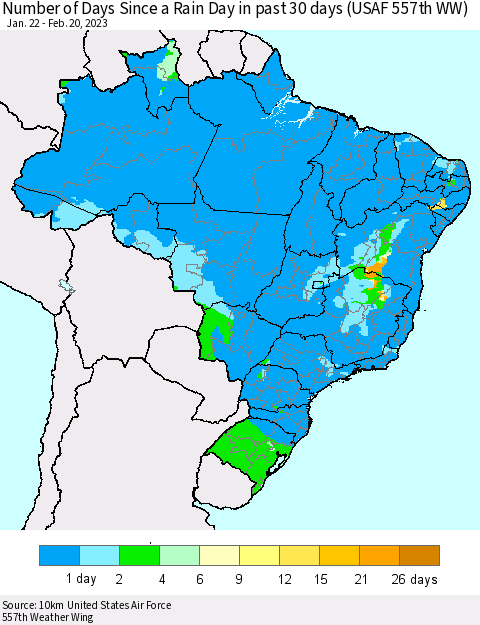 Brazil Number of Days Since a Rain Day in past 30 days (USAF 557th WW) Thematic Map For 2/16/2023 - 2/20/2023