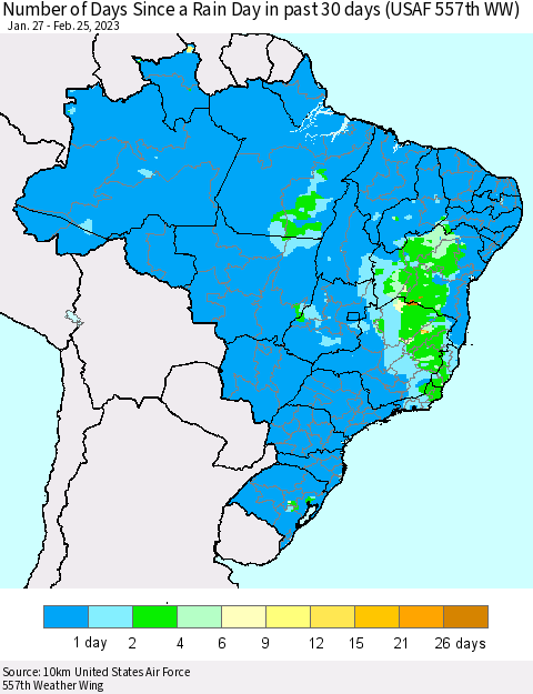 Brazil Number of Days Since a Rain Day in past 30 days (USAF 557th WW) Thematic Map For 2/21/2023 - 2/25/2023