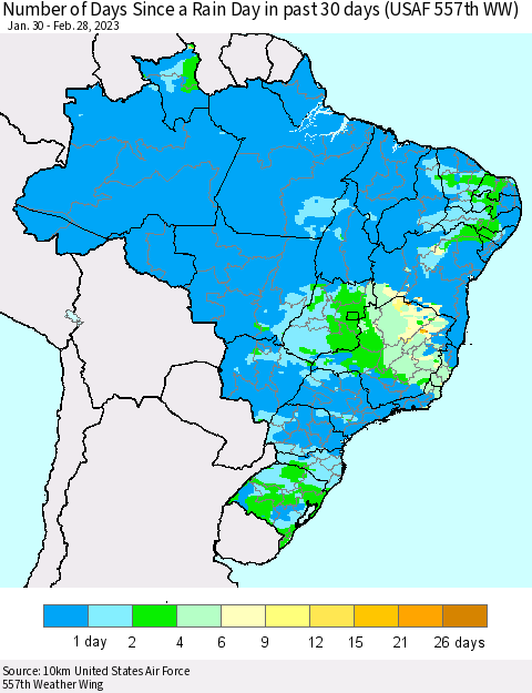 Brazil Number of Days Since a Rain Day in past 30 days (USAF 557th WW) Thematic Map For 2/26/2023 - 2/28/2023