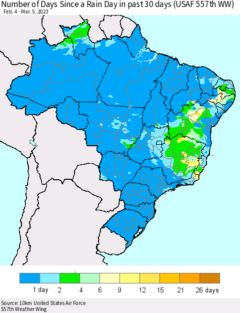 Brazil Number of Days Since a Rain Day in past 30 days (USAF 557th WW) Thematic Map For 3/1/2023 - 3/5/2023