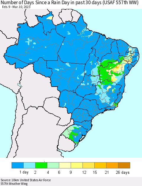 Brazil Number of Days Since a Rain Day in past 30 days (USAF 557th WW) Thematic Map For 3/6/2023 - 3/10/2023