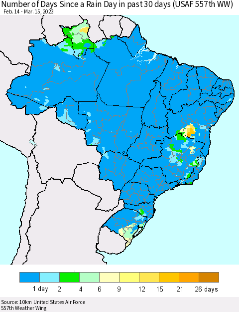 Brazil Number of Days Since a Rain Day in past 30 days (USAF 557th WW) Thematic Map For 3/11/2023 - 3/15/2023