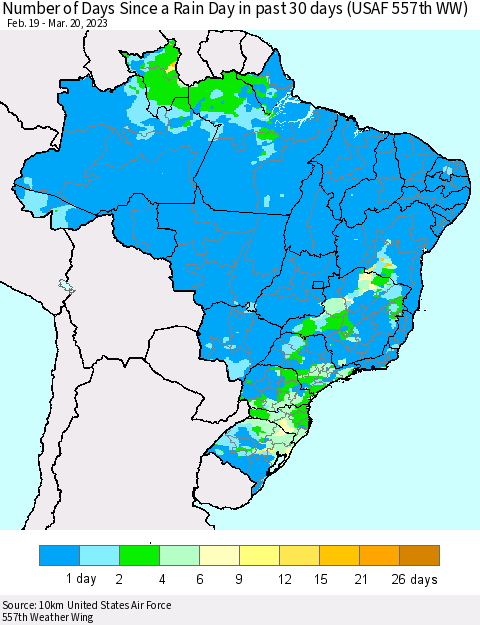 Brazil Number of Days Since a Rain Day in past 30 days (USAF 557th WW) Thematic Map For 3/16/2023 - 3/20/2023