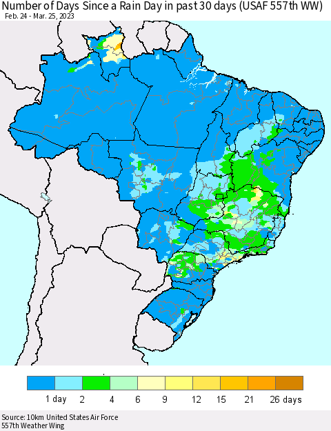 Brazil Number of Days Since a Rain Day in past 30 days (USAF 557th WW) Thematic Map For 3/21/2023 - 3/25/2023