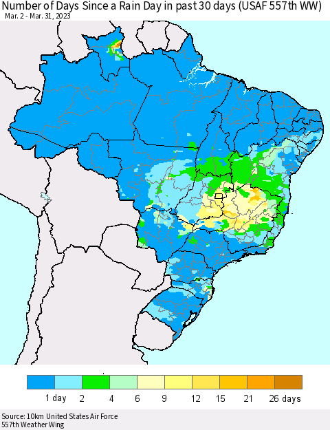 Brazil Number of Days Since a Rain Day in past 30 days (USAF 557th WW) Thematic Map For 3/26/2023 - 3/31/2023