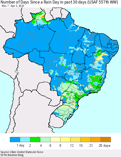 Brazil Number of Days Since a Rain Day in past 30 days (USAF 557th WW) Thematic Map For 4/1/2023 - 4/5/2023