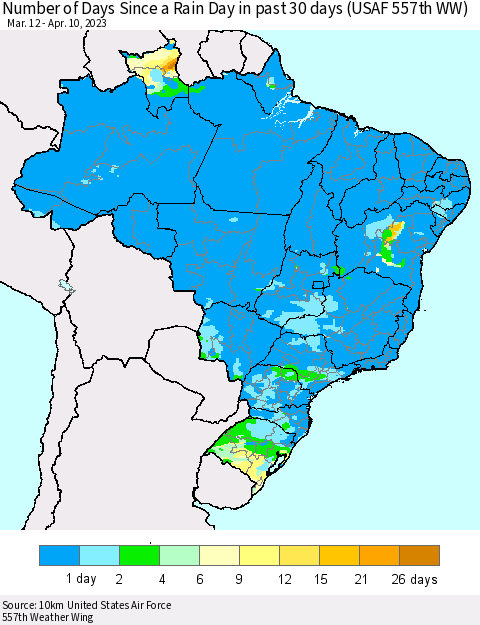 Brazil Number of Days Since a Rain Day in past 30 days (USAF 557th WW) Thematic Map For 4/6/2023 - 4/10/2023