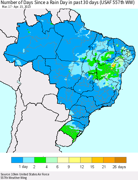Brazil Number of Days Since a Rain Day in past 30 days (USAF 557th WW) Thematic Map For 4/11/2023 - 4/15/2023