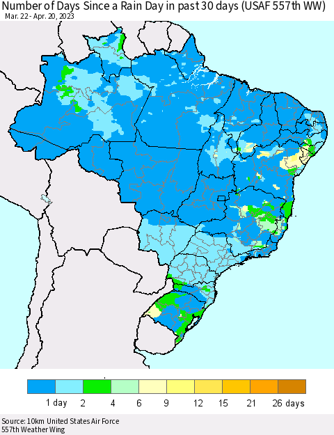 Brazil Number of Days Since a Rain Day in past 30 days (USAF 557th WW) Thematic Map For 4/16/2023 - 4/20/2023