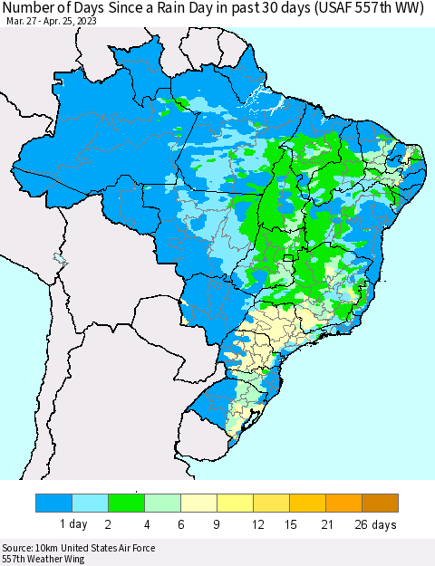Brazil Number of Days Since a Rain Day in past 30 days (USAF 557th WW) Thematic Map For 4/21/2023 - 4/25/2023