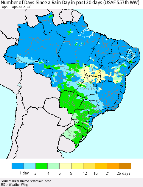 Brazil Number of Days Since a Rain Day in past 30 days (USAF 557th WW) Thematic Map For 4/26/2023 - 4/30/2023