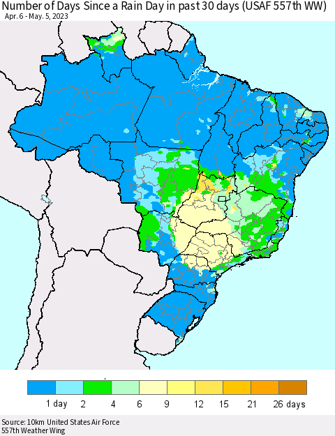Brazil Number of Days Since a Rain Day in past 30 days (USAF 557th WW) Thematic Map For 5/1/2023 - 5/5/2023