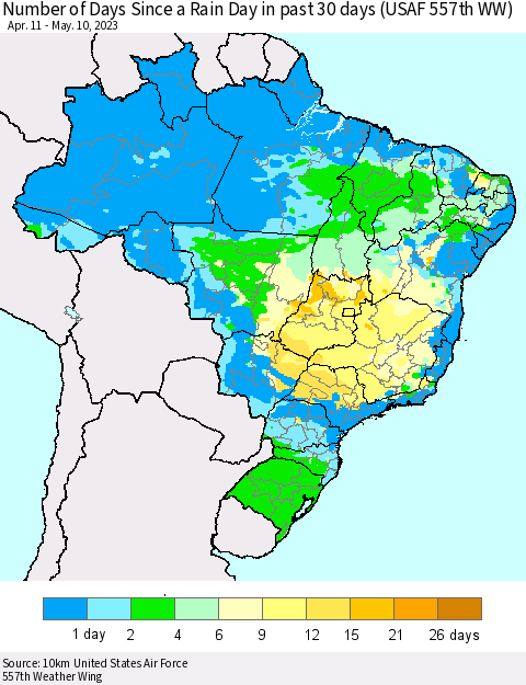 Brazil Number of Days Since a Rain Day in past 30 days (USAF 557th WW) Thematic Map For 5/6/2023 - 5/10/2023