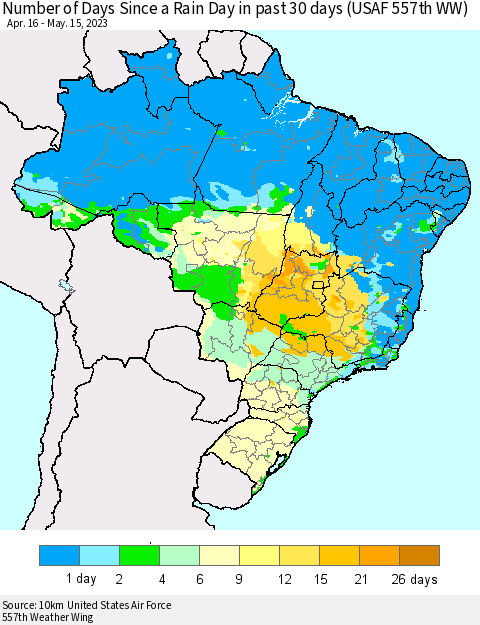 Brazil Number of Days Since a Rain Day in past 30 days (USAF 557th WW) Thematic Map For 5/11/2023 - 5/15/2023