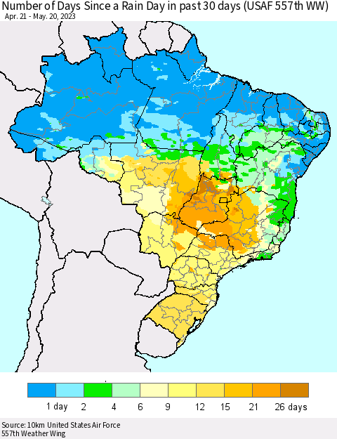 Brazil Number of Days Since a Rain Day in past 30 days (USAF 557th WW) Thematic Map For 5/16/2023 - 5/20/2023