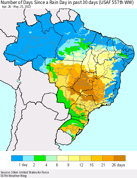 Brazil Number of Days Since a Rain Day in past 30 days (USAF 557th WW) Thematic Map For 5/21/2023 - 5/25/2023