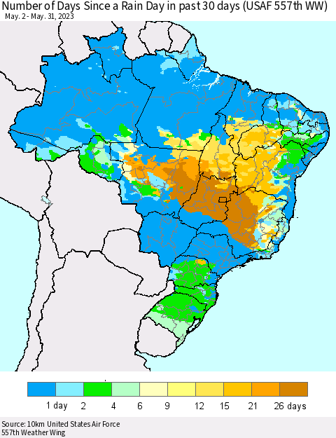 Brazil Number of Days Since a Rain Day in past 30 days (USAF 557th WW) Thematic Map For 5/26/2023 - 5/31/2023