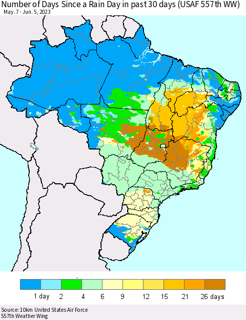 Brazil Number of Days Since a Rain Day in past 30 days (USAF 557th WW) Thematic Map For 6/1/2023 - 6/5/2023