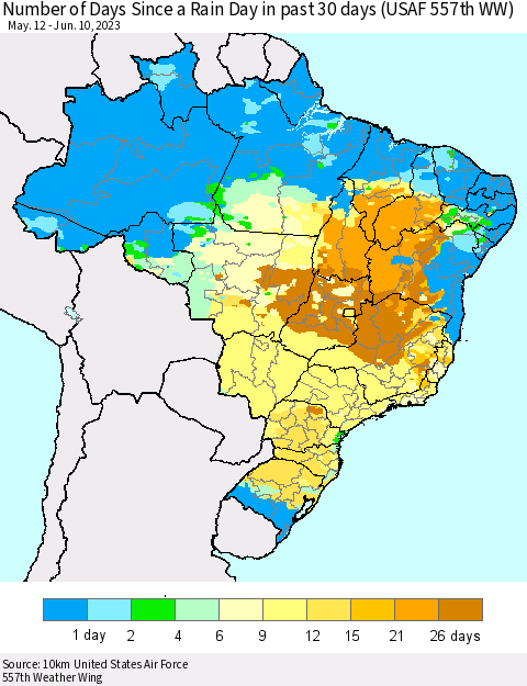 Brazil Number of Days Since a Rain Day in past 30 days (USAF 557th WW) Thematic Map For 6/6/2023 - 6/10/2023