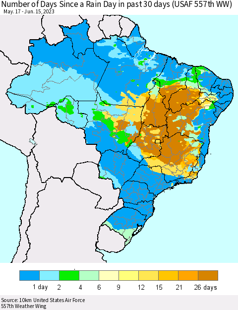 Brazil Number of Days Since a Rain Day in past 30 days (USAF 557th WW) Thematic Map For 6/11/2023 - 6/15/2023