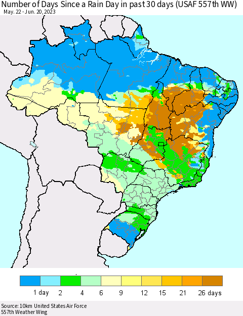 Brazil Number of Days Since a Rain Day in past 30 days (USAF 557th WW) Thematic Map For 6/16/2023 - 6/20/2023