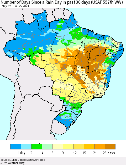 Brazil Number of Days Since a Rain Day in past 30 days (USAF 557th WW) Thematic Map For 6/21/2023 - 6/25/2023