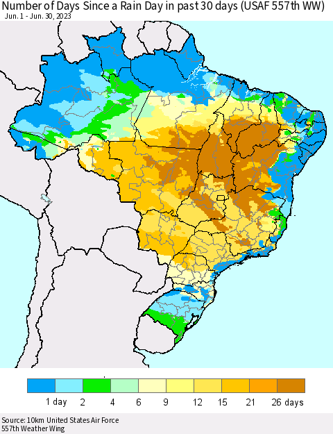 Brazil Number of Days Since a Rain Day in past 30 days (USAF 557th WW) Thematic Map For 6/26/2023 - 6/30/2023
