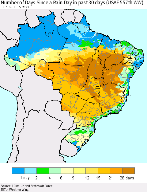 Brazil Number of Days Since a Rain Day in past 30 days (USAF 557th WW) Thematic Map For 7/1/2023 - 7/5/2023
