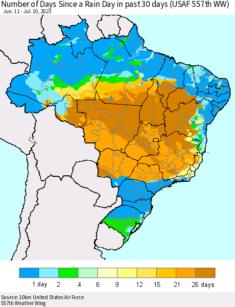 Brazil Number of Days Since a Rain Day in past 30 days (USAF 557th WW) Thematic Map For 7/6/2023 - 7/10/2023