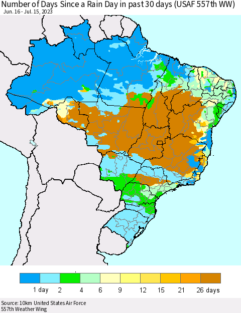 Brazil Number of Days Since a Rain Day in past 30 days (USAF 557th WW) Thematic Map For 7/11/2023 - 7/15/2023