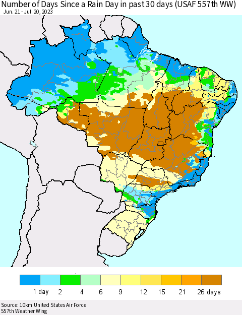 Brazil Number of Days Since a Rain Day in past 30 days (USAF 557th WW) Thematic Map For 7/16/2023 - 7/20/2023