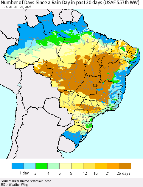 Brazil Number of Days Since a Rain Day in past 30 days (USAF 557th WW) Thematic Map For 7/21/2023 - 7/25/2023