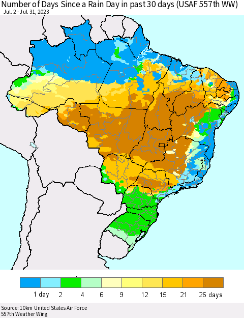 Brazil Number of Days Since a Rain Day in past 30 days (USAF 557th WW) Thematic Map For 7/26/2023 - 7/31/2023