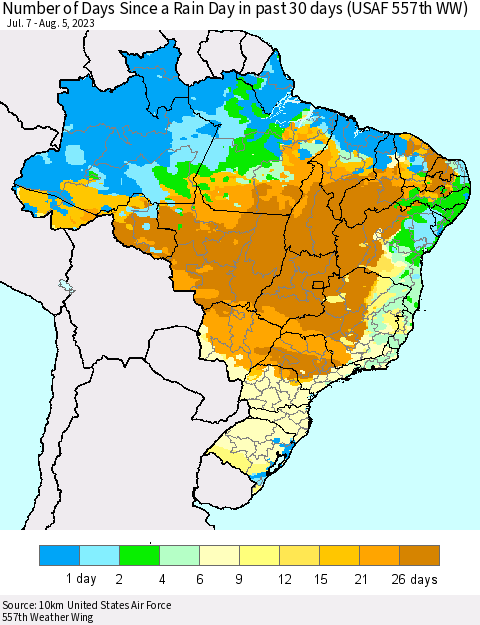 Brazil Number of Days Since a Rain Day in past 30 days (USAF 557th WW) Thematic Map For 8/1/2023 - 8/5/2023