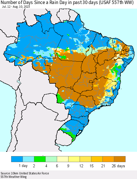 Brazil Number of Days Since a Rain Day in past 30 days (USAF 557th WW) Thematic Map For 8/6/2023 - 8/10/2023
