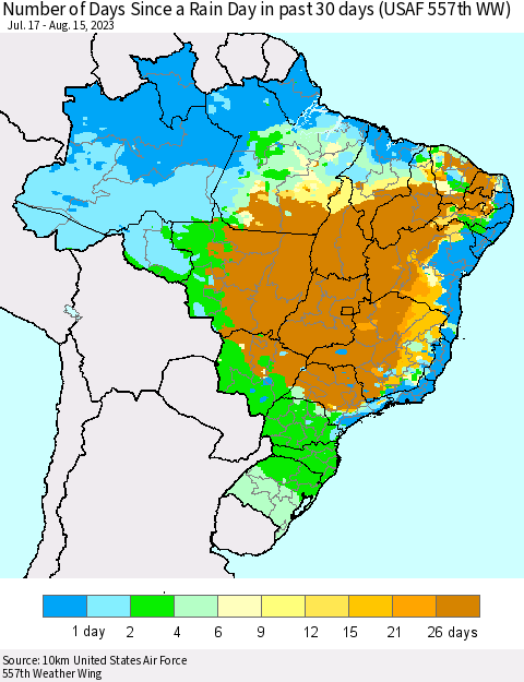 Brazil Number of Days Since a Rain Day in past 30 days (USAF 557th WW) Thematic Map For 8/11/2023 - 8/15/2023