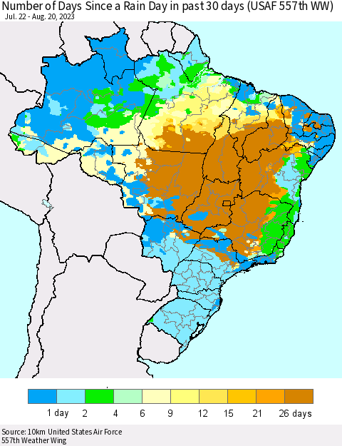 Brazil Number of Days Since a Rain Day in past 30 days (USAF 557th WW) Thematic Map For 8/16/2023 - 8/20/2023