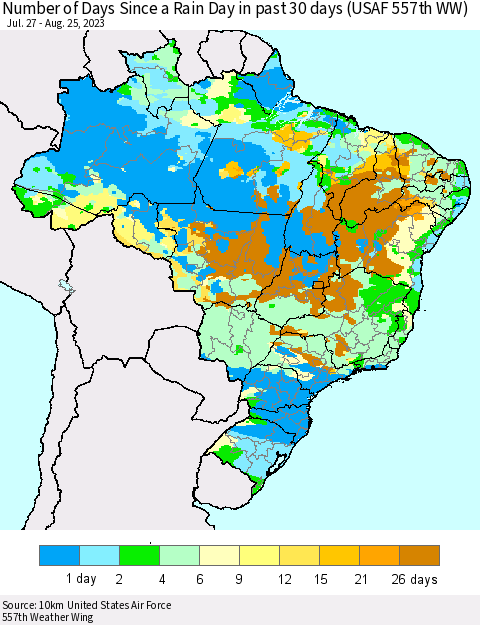 Brazil Number of Days Since a Rain Day in past 30 days (USAF 557th WW) Thematic Map For 8/21/2023 - 8/25/2023